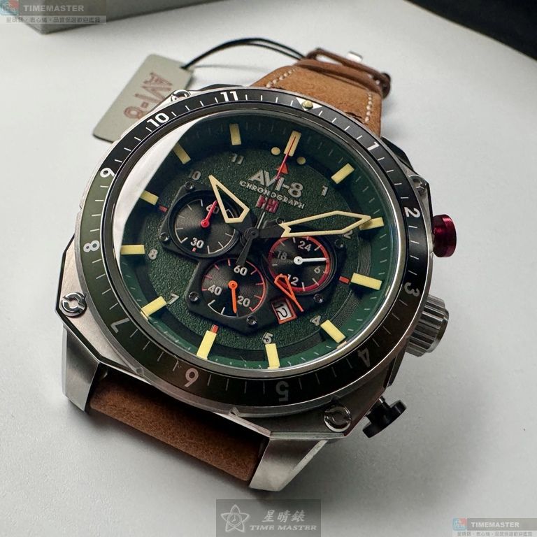 [星晴錶業]新品牌手錶,44mm,AV52111墨綠色錶面銀錶殼咖啡色真皮皮革錶帶款, , large