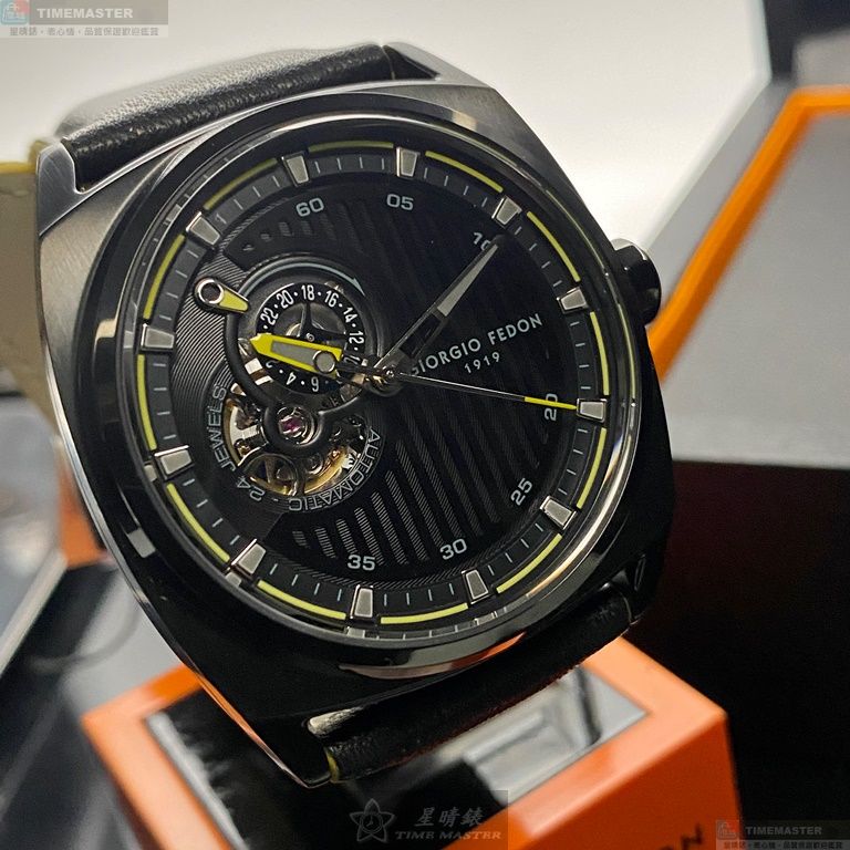 [星晴錶業]GiorgioFedon1919手錶,42mm,GF00095黑色機械鏤空錶面黑錶殼深黑色真皮皮革錶帶款, , large