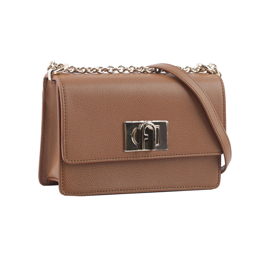 FURLA 1927 拱門轉釦迷你翻蓋鏈帶二用包/白蘭地酒色, , large