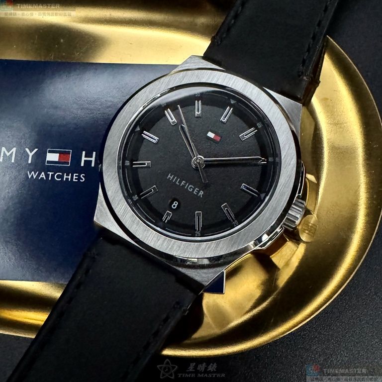 [星晴錶業]TommyHilfiger手錶,44mm,TH00074黑色錶面銀錶殼深黑色真皮皮革錶帶款, , large