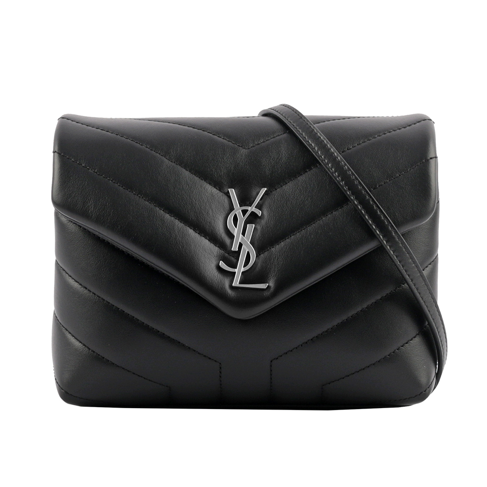 YSL Monogram Lou Lou 銀釦V紋小牛皮斜背包/MINI/黑色, , large