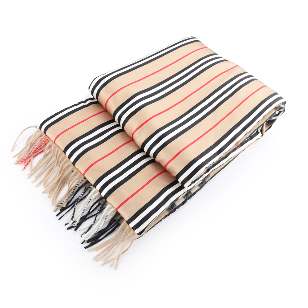 BURBERRY 經典格紋與標誌條紋雙面可用羊毛圍巾/經典米色, , large