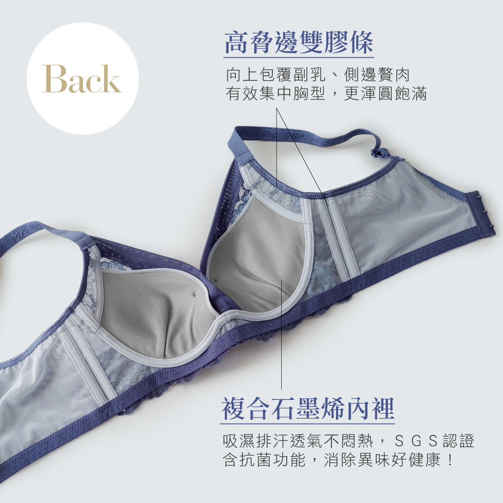 【Clany可蘭霓】浪漫日記石墨烯軟鋼圈集中包覆 BC罩杯不空杯蕾絲內衣 紫灰藍 8057-53, , large