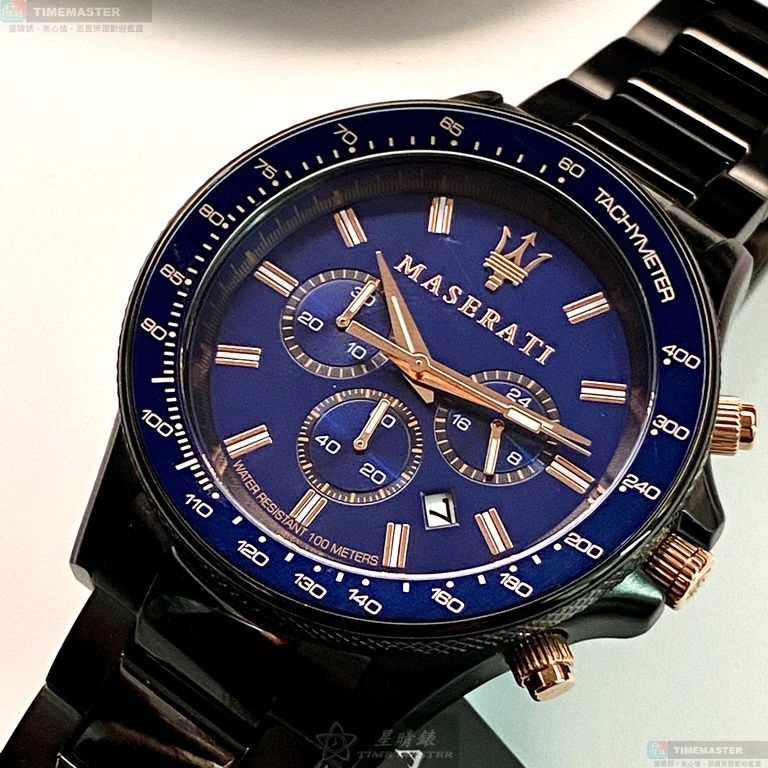 [星晴錶業]MASERATI手錶,44mm,R8873640001寶藍色錶面黑錶殼深黑色精鋼錶帶款, , large