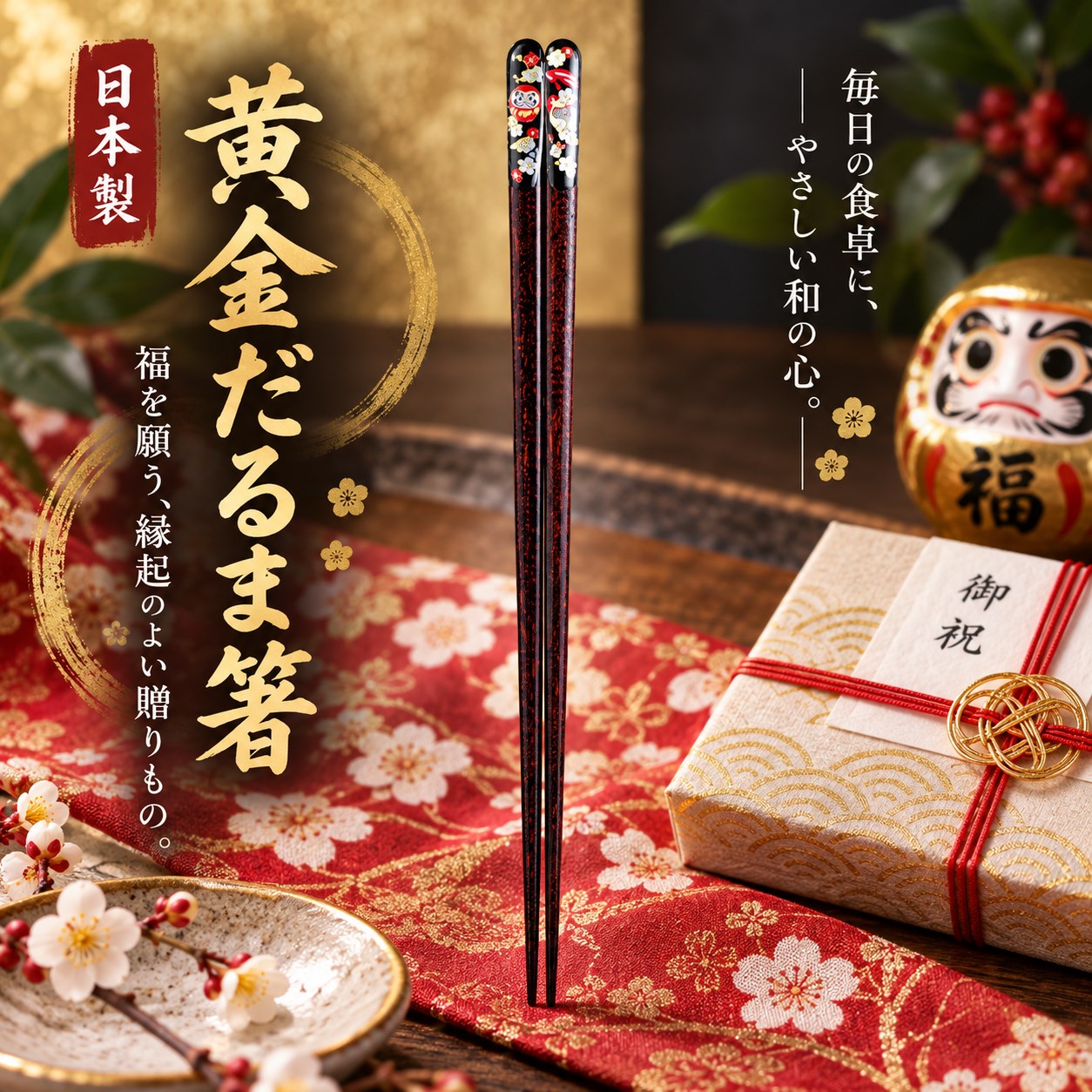 【HIYASU日安工坊】日本工藝箸-黃金不倒翁 23cm, , large