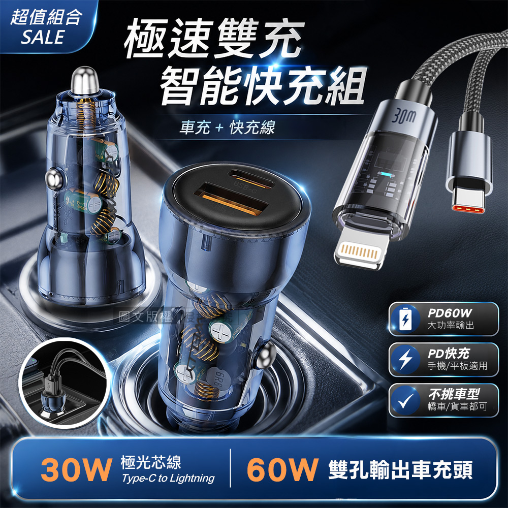 30W 極光芯 Type-C to Lightning 耐拉傳輸充電線+PD60W 速充雙孔車充頭, , large