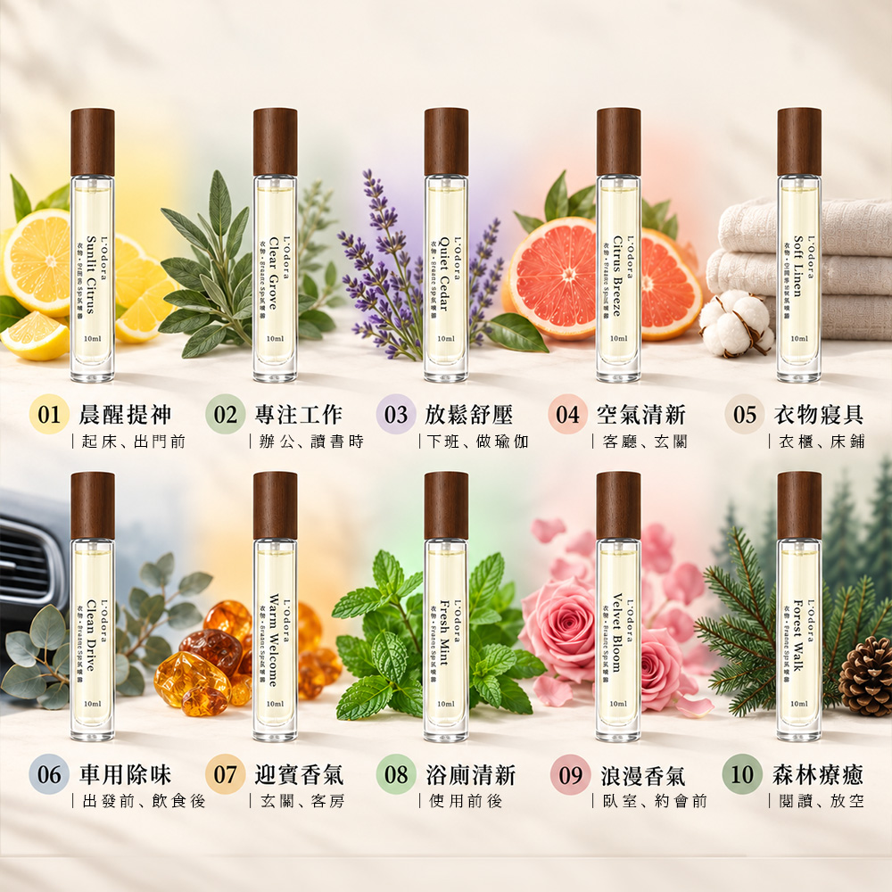 L&rsquo;Odora 天然精油香氛噴霧 10ml隨身 天然精油調製 衣物噴霧 寢具噴霧 空間香氛 細緻噴霧 十款香氣, , large