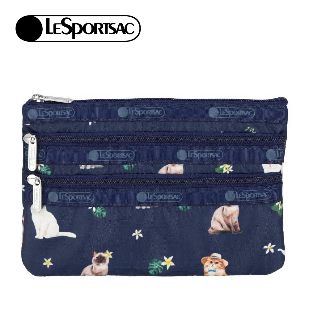 Lesportsac 3-Zip Cosmetic 三層拉鍊化妝包 收納包 盥洗包 女包 男包(熱帶度假貓咪), , large