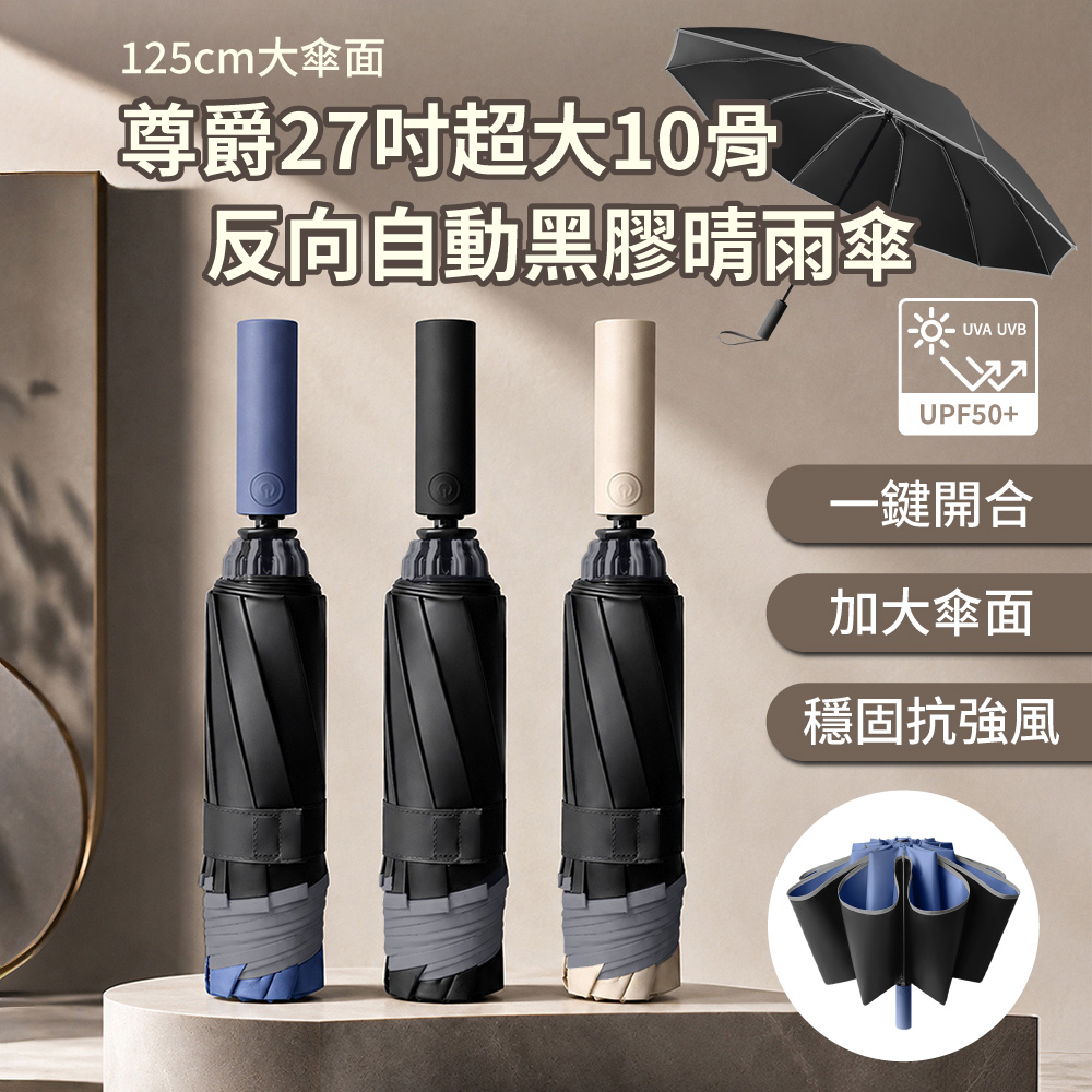 【APEX】尊爵27吋超大10骨反向自動黑膠晴雨傘, , large