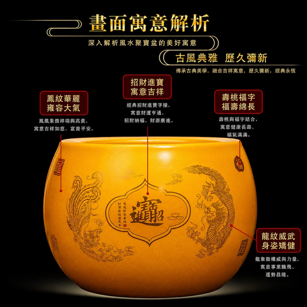 【A&R】招財開運 龍鳳呈祥聚寶盆附旋轉底座, , large