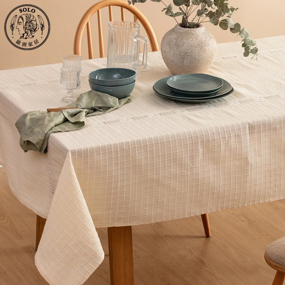 【SOLO歐洲家居】LCW Home 土耳其製 150x200cm 純棉亞麻桌布 米色格紋 花邊簍空 餐桌布, , large