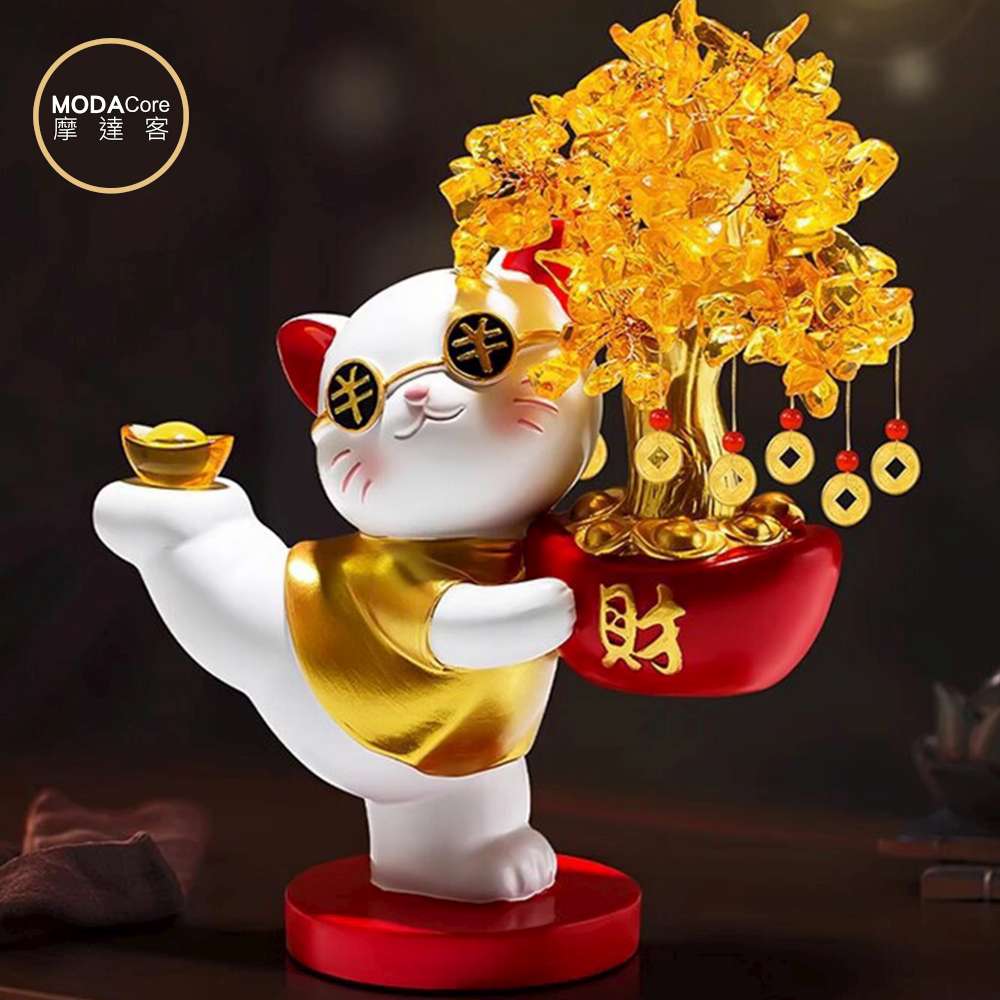 摩達客◉開運招財◉超萌療癒瑜珈招財貓黃水晶發財樹擺飾 新年春節好運風水, , large