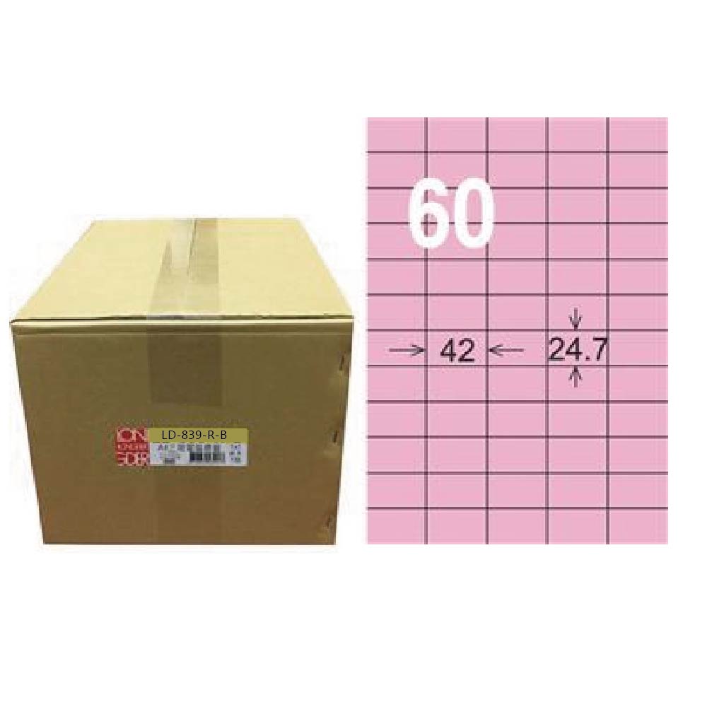 【龍德】LONGDER 三用電腦標籤 A4 60格 24.7*42mm粉紅1000張/箱 LD-839-R-B(適用雷射、噴墨、影印), , large