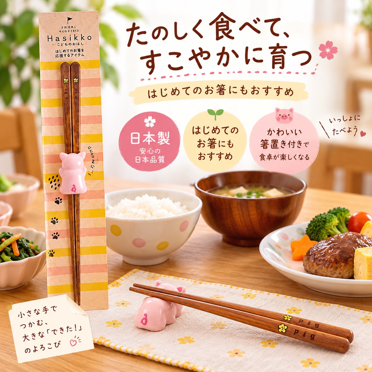 【HIYASU日安工坊】日本兒童箸-小豬 附筷架, , large