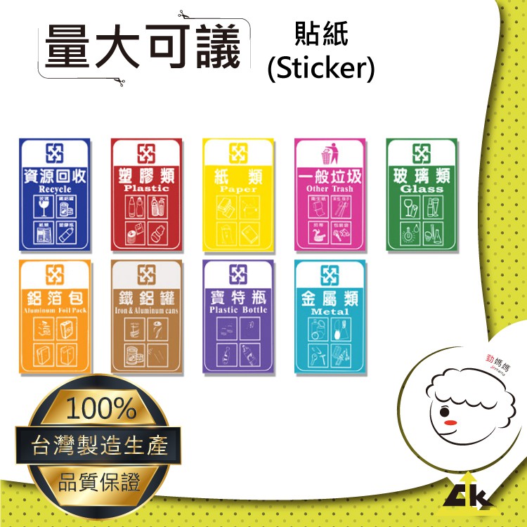 單張九分類 垃圾分類貼紙 (一般垃圾/資源回收/紙類/金屬類/塑料類/鐵鋁罐/鋁箔包/寶特瓶/玻璃類) 回收貼紙, , large