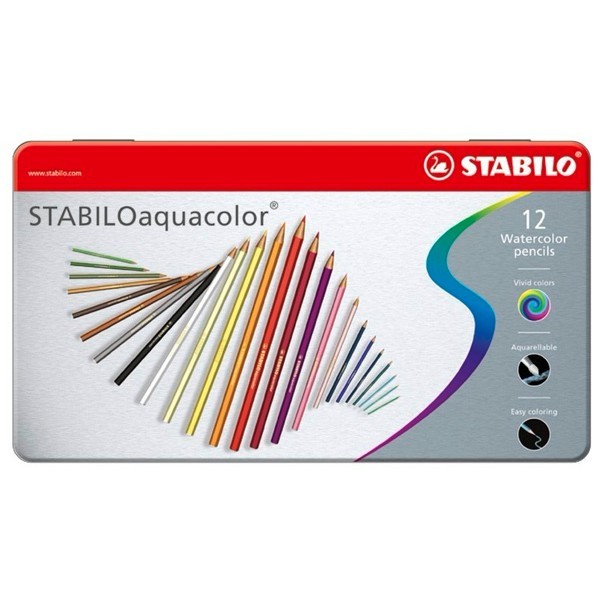 【德國天鵝STABILO】STABILOaquacolor 水彩樂水溶性色鉛筆 鐵盒12/24/36色鐵盒-12色(ST1612-5), , large