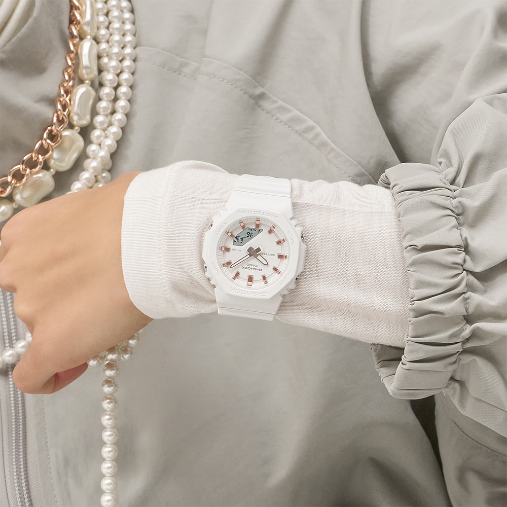 CASIO 卡西歐 G-SHOCK 優雅玫瑰金時標 八角雙顯手錶 520情人節 送禮-百搭白 GMA-P2100M-7A, , large