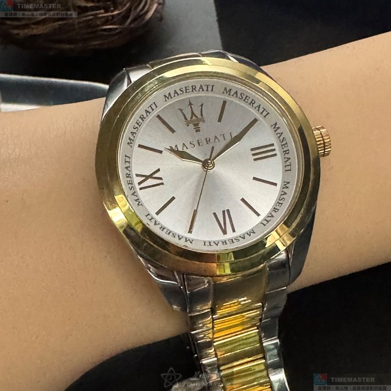 [星晴錶業]MASERATI手錶,38mm,R8853112504白色錶面金色錶殼金銀相間精鋼錶帶款, , large