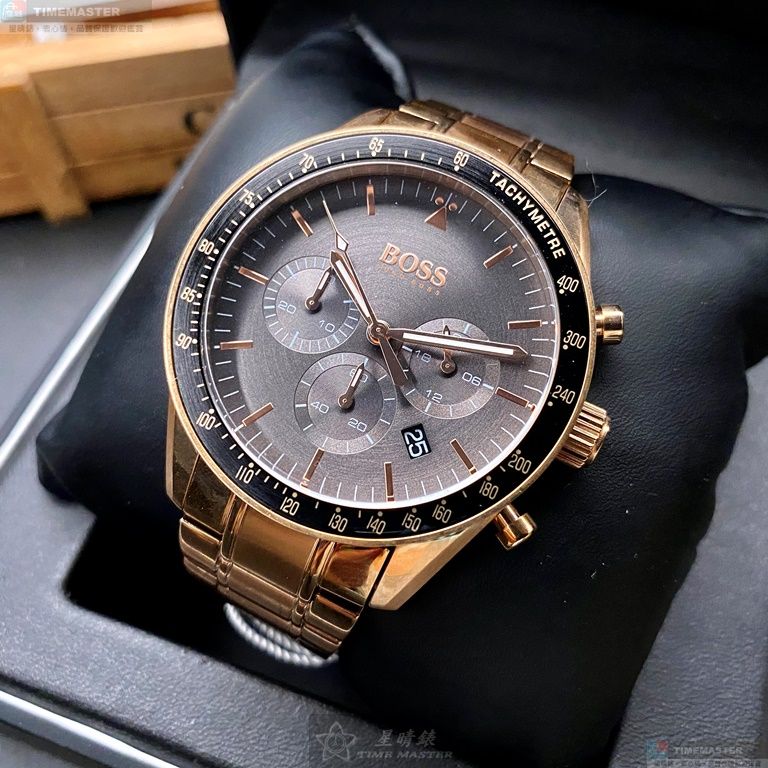 [星晴錶業]BOSS手錶,44mm,HB1513632黑色錶面玫瑰金錶殼玫瑰金色精鋼錶帶款, , large
