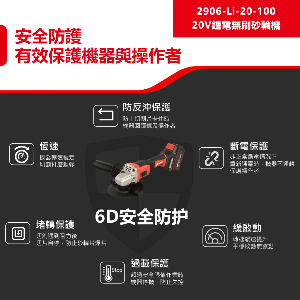 WIN五金 DEVON 大有 無刷鋰電砂輪機 2906-Li-20-100  角磨機 萬轉 20V鋰電 切割機 切斷機, , large