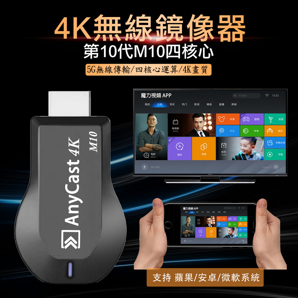 【4K四核心影音真享樂】M10雙箭款AnyCast雙頻5G全自動無線HDMI影音傳輸器(附4大好禮), , large