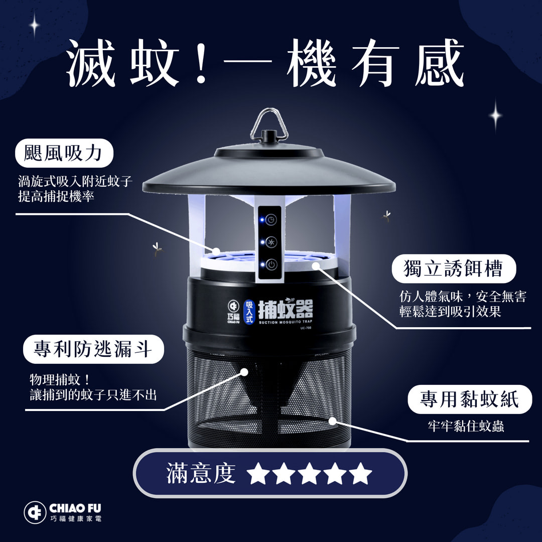 【巧福】(二入組) 吸入式捕蚊器 IPX4防潑水 首創誘餌+黏蚊紙 (無腳架) UC-700, , large