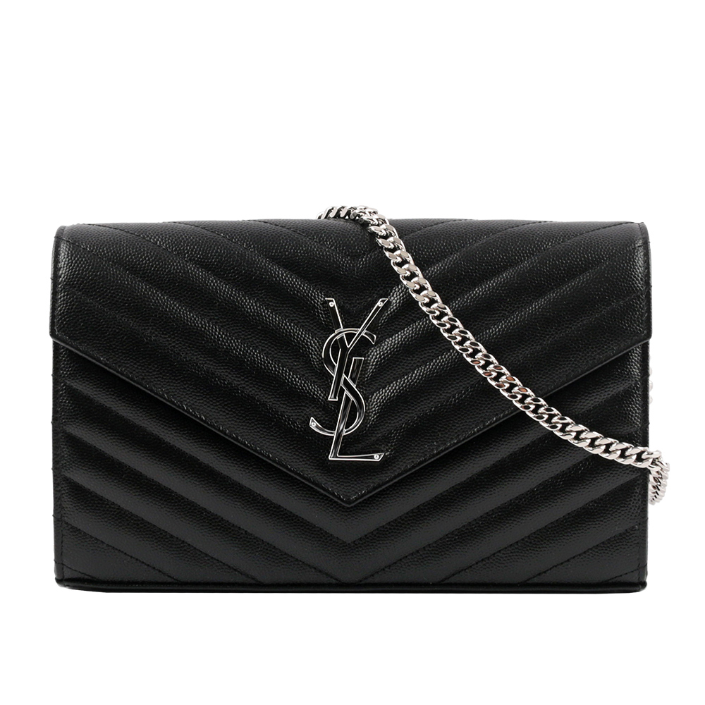 YSL V紋荔枝皮銀色LOGO WOC 斜背包/黑色, , large