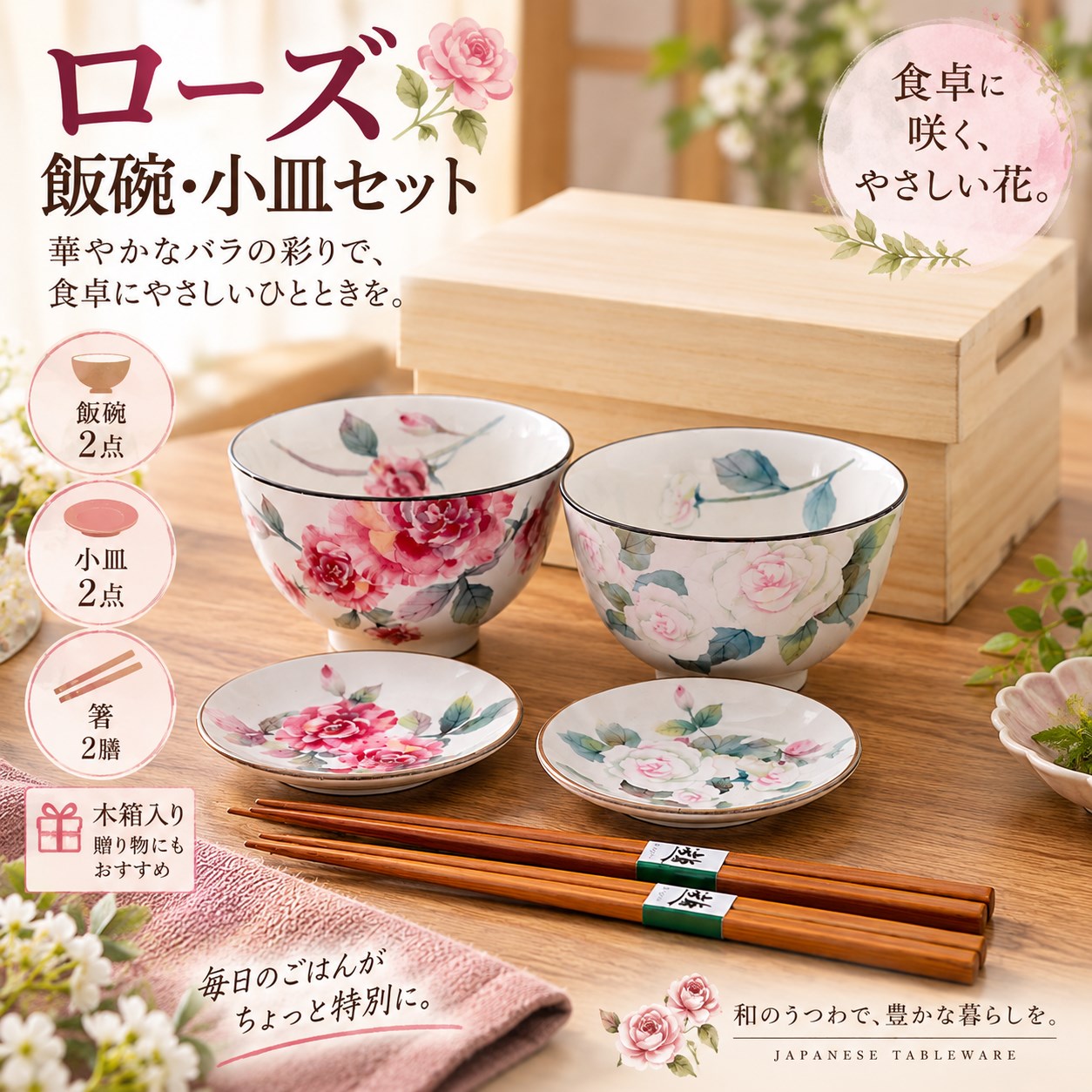 【HIYASU日安工坊】玫瑰 飯碗小皿套組 附筷, , large