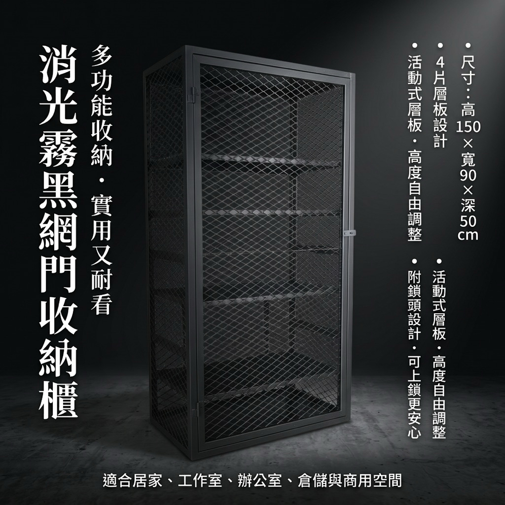 【 SHAONIANNA.TW 】活動式層板收納櫃 150x90x50｜消光霧黑｜4層可調｜器材收納層架｜一體成型免組裝｜穩固不搖晃｜可上鎖｜, , large