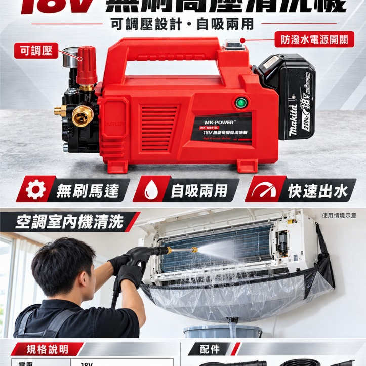 WIN五金 MK-1899-BL 無蓋款18V無刷高壓清洗機 通用牧田電池 高壓清洗機 洗車機 充電式清洗機 充電洗車機, , large