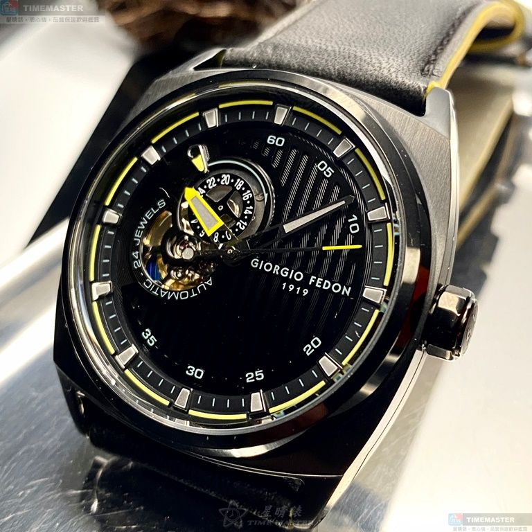 [星晴錶業]GiorgioFedon1919手錶,42mm,GF00095黑色機械鏤空錶面黑錶殼深黑色真皮皮革錶帶款, , large