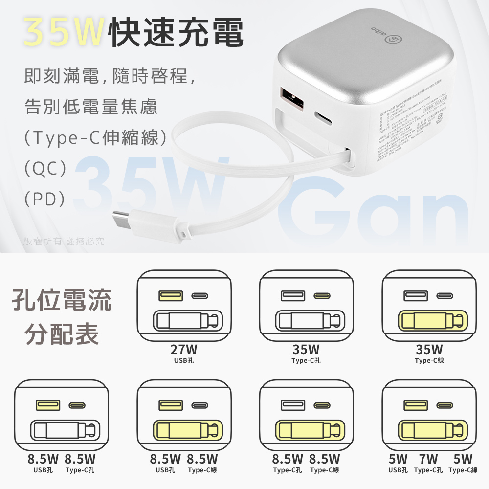aibo QC+PD+自帶Type-C伸縮線 Gan氮化鎵35W快充充電器, , large