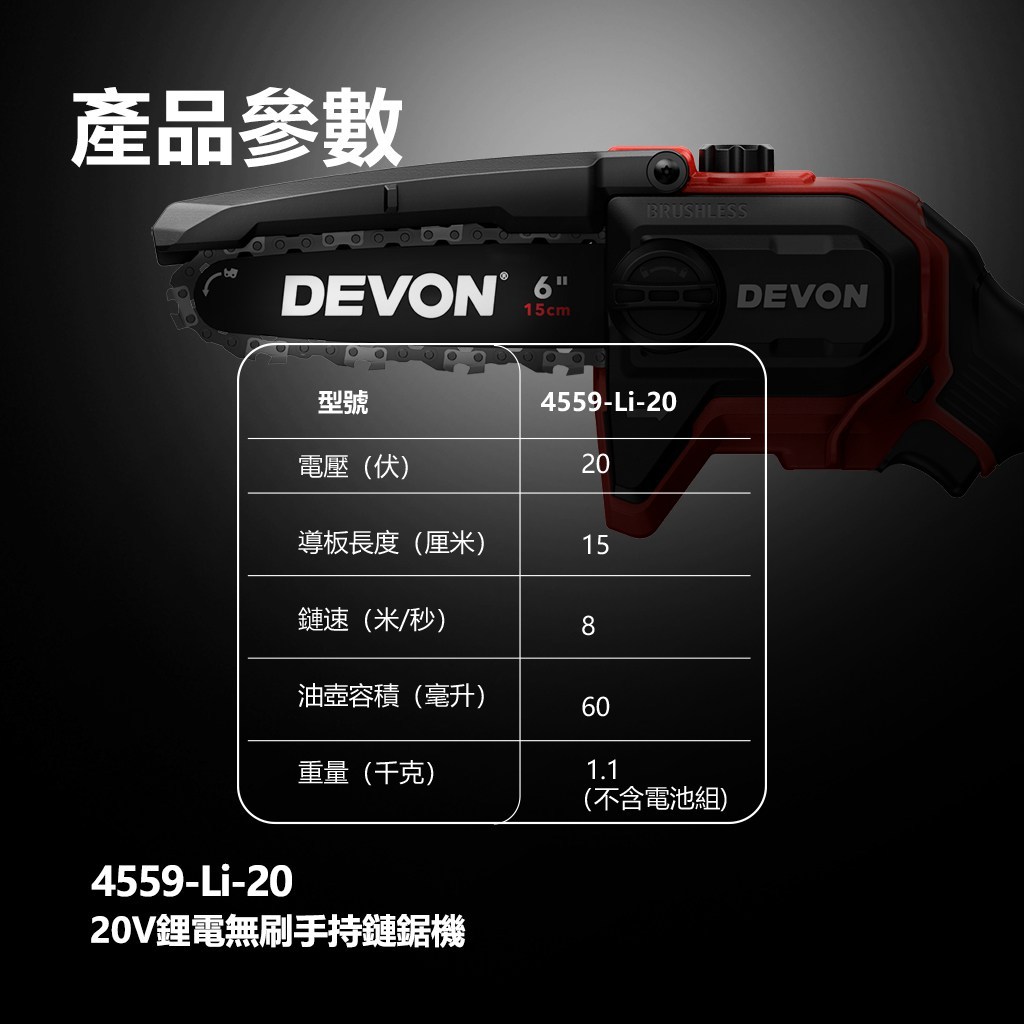 WIN五金 DEVON 大有 6吋 20V 無刷鏈鋸機 4559-Li-20(單主機) 修枝機 單手操作鋸樹 園藝工具, , large