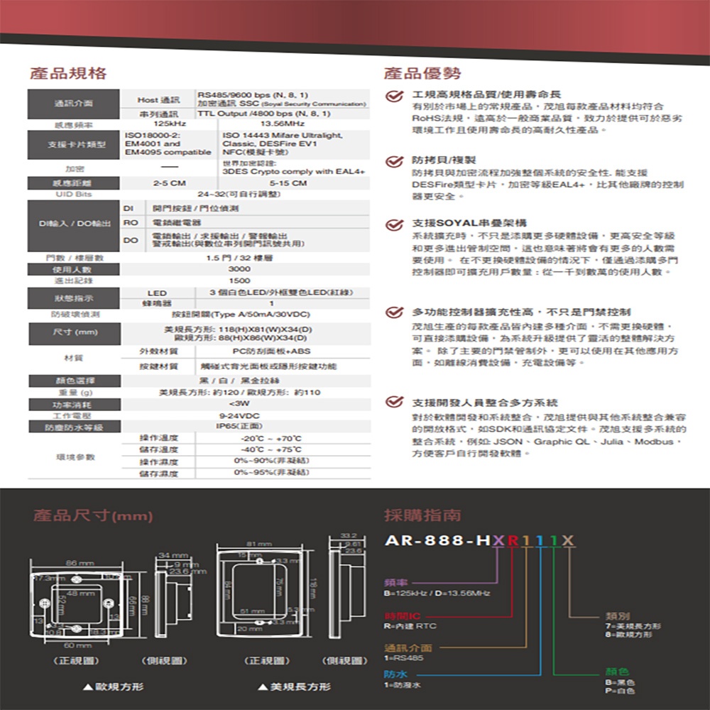 昌運監視器 SOYAL AR-888-H(AR-888H) Mifare 歐規 觸控控制器 門禁讀卡機, , large