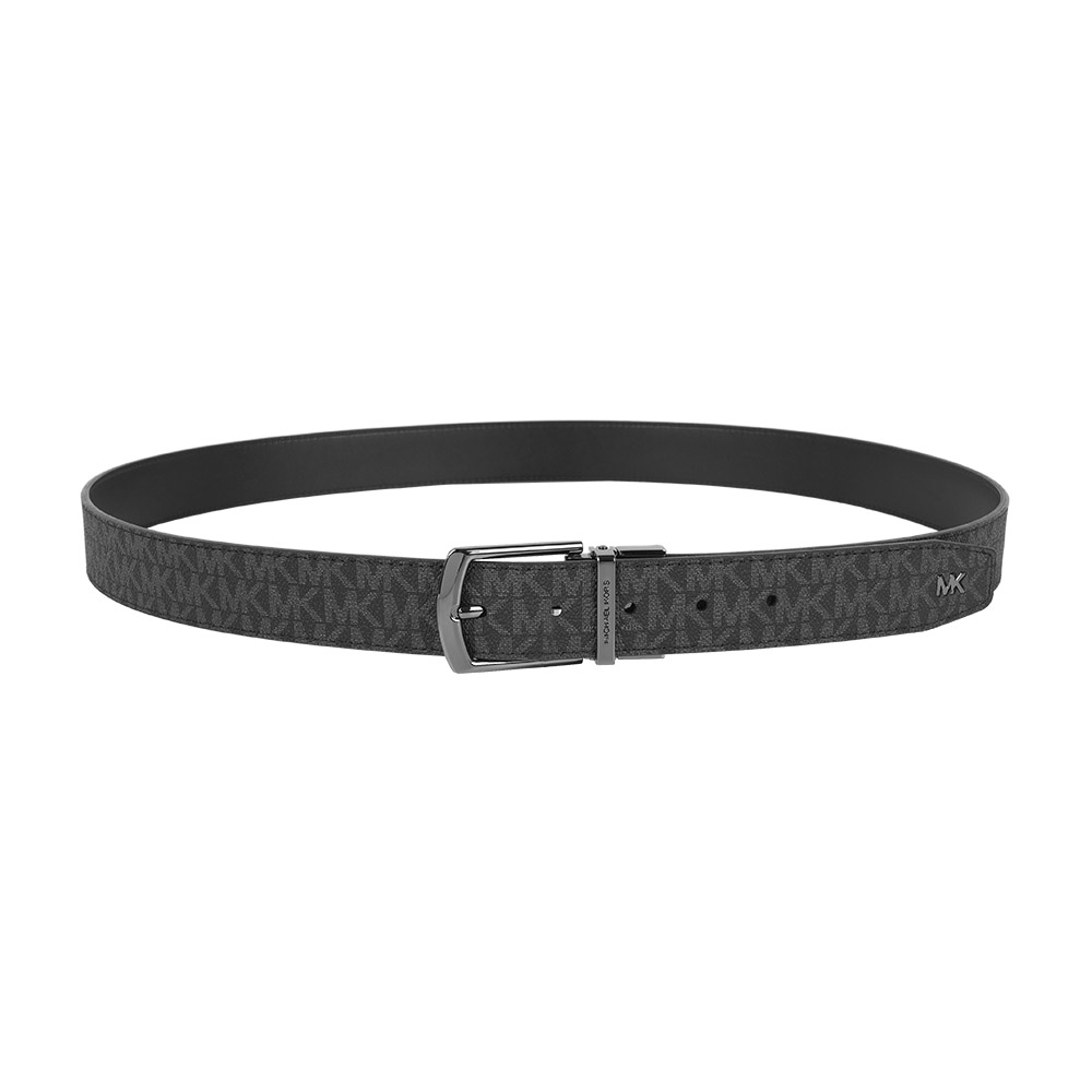 Michael Kors 銀字Logo 塗層帆布寬34mm指針式雙面可用皮帶(黑灰色/黑色), , large