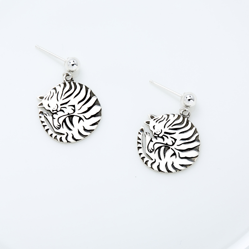 【Angel & Me】Sleepy Cat kitten meow s925 sterling silver earrings Birthday gift, , large