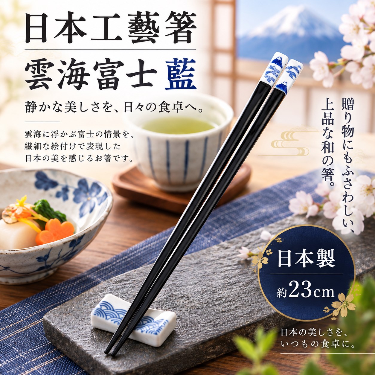 【HIYASU日安工坊】日本工藝箸-雲海富士 藍 23cm, , large
