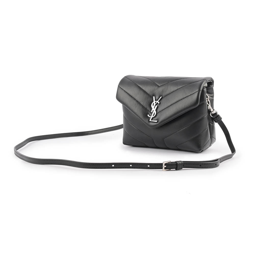 YSL Monogram Lou Lou 銀釦V紋小牛皮斜背包/MINI/黑色, , large
