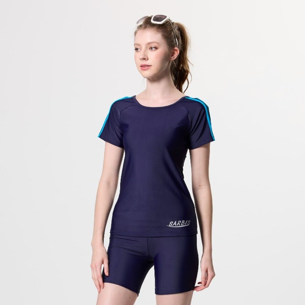 Monina Taiwan-made girls short-sleeved two-piece swimsuit with blue piping on shoulders, dark blue, , large