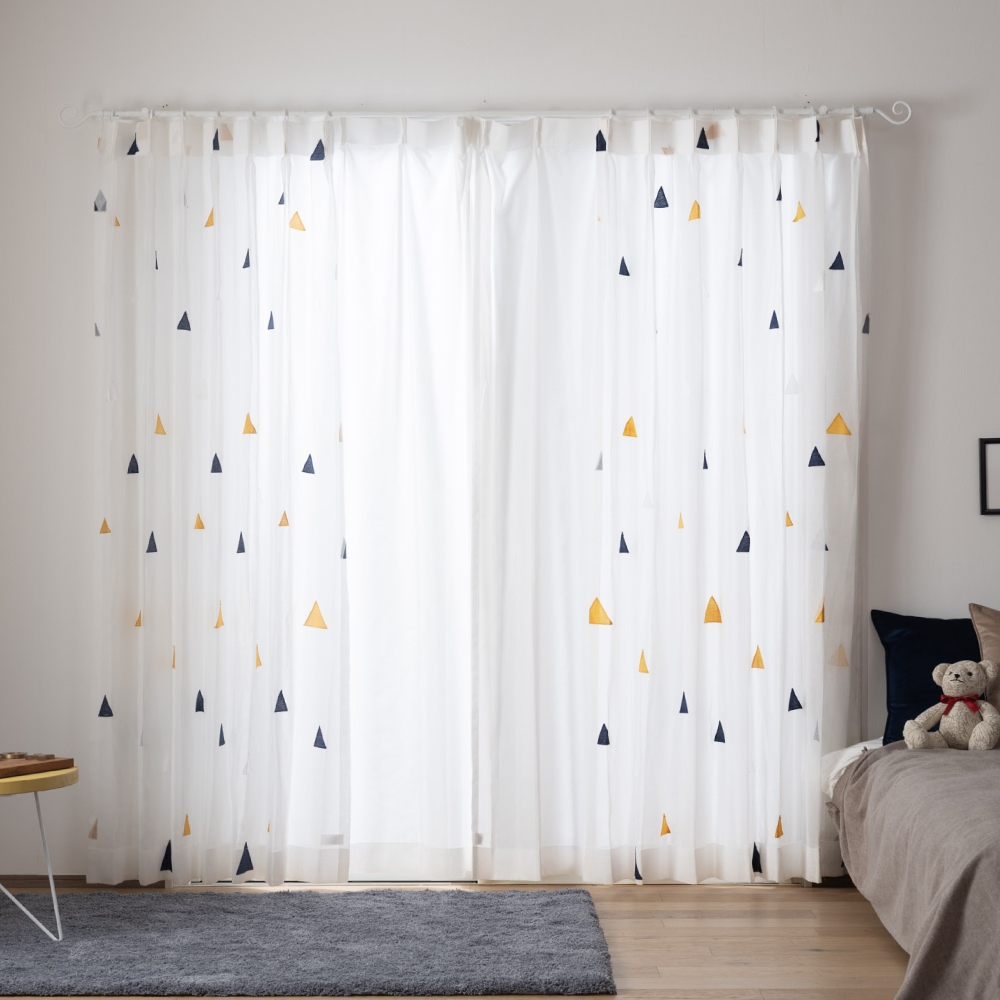 Ready-Made Sheer Curtains &ndash; Set of 2 Panels &ndash; "Triangular Rice Ball" Embroidered Design &ndash; Width 100cm, Height 163/208/238cm &ndash; Made in Taiwan &ndash; Kids&rsquo; Room &ndash; Machine Washable, , large