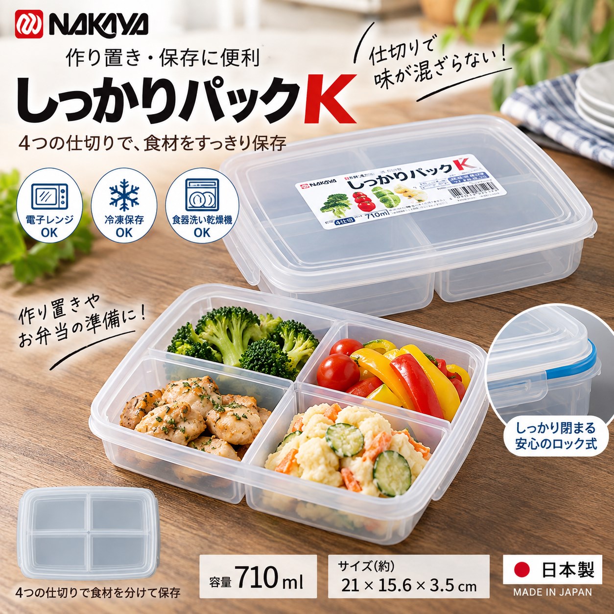【HIYASU日安工坊】長方形4格穩扣保鮮盒710ML, , large