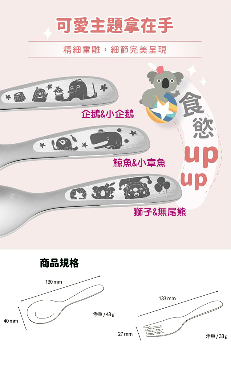 【一品川流】316不鏽鋼兒童平底匙-獅子&無尾熊x3入+兒童叉x3入-1組, , large