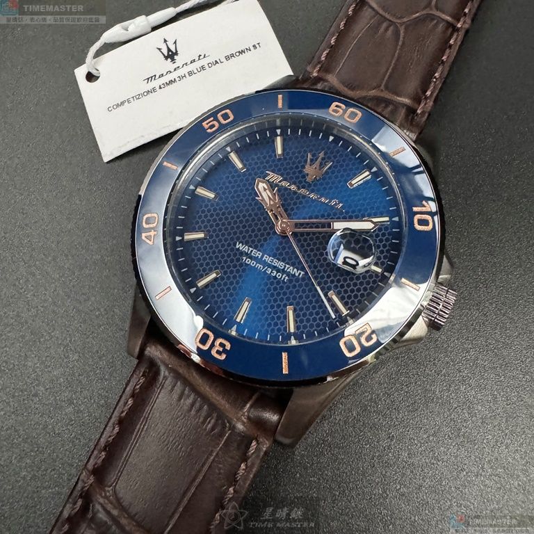 [星晴錶業]MASERATI手錶,44mm,R8851100004寶藍蜂巢幾何錶面寶藍錶殼咖啡色真皮皮革錶帶款, , large