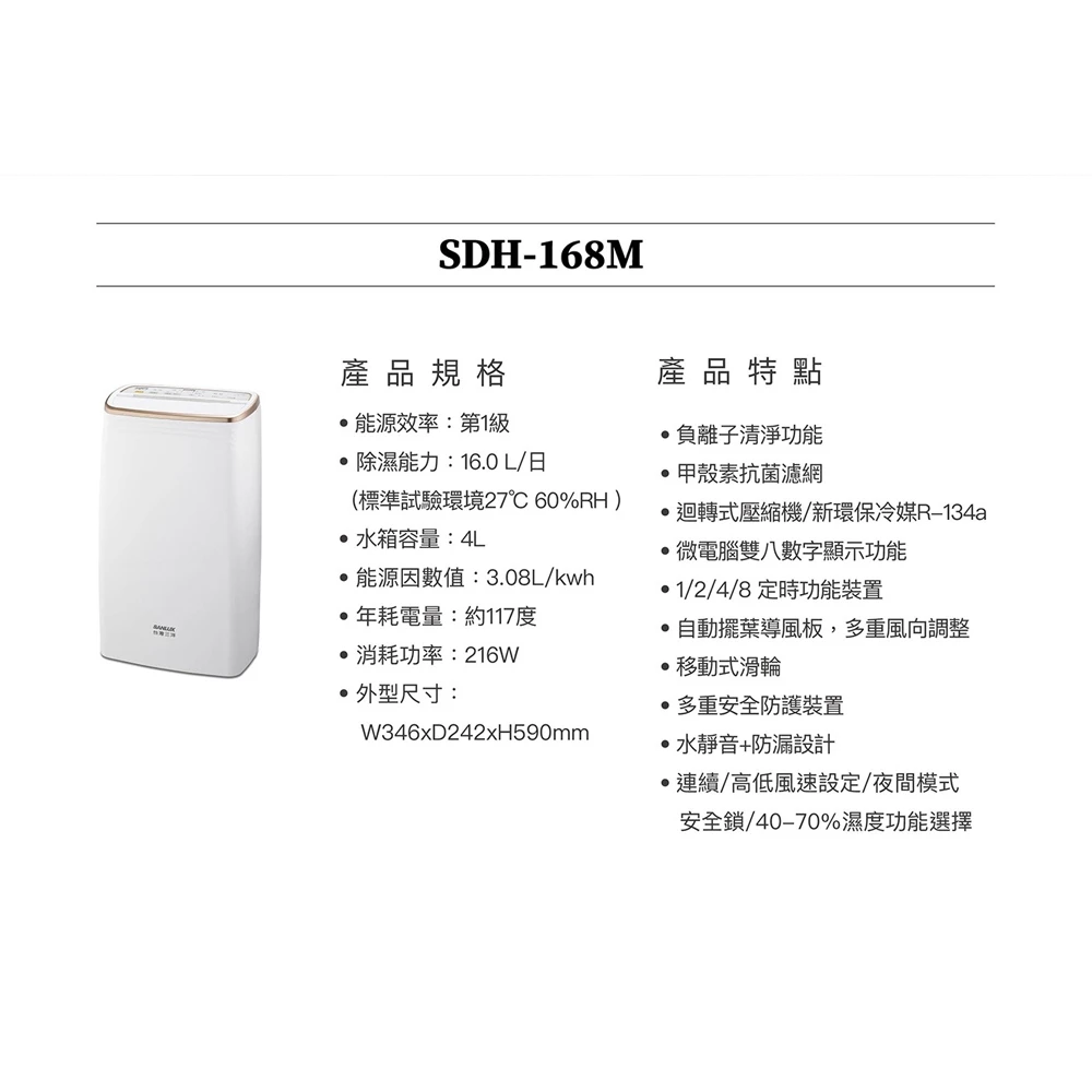 SANLUX 台灣三洋 16公升除濕機SDH-168M, , large