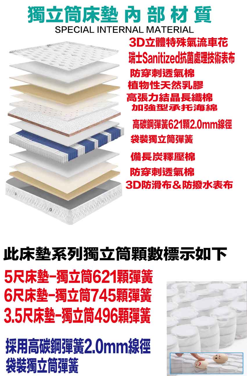 【文創集】抗菌透氣獨立筒床墊-6尺雙人加大, , large