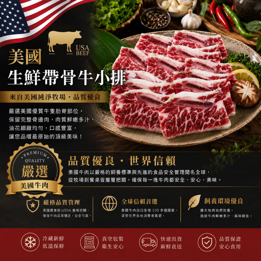 豪鮮牛肉 美國安格斯帶骨牛小排8包(200g/包/3~6片/單骨切), , large