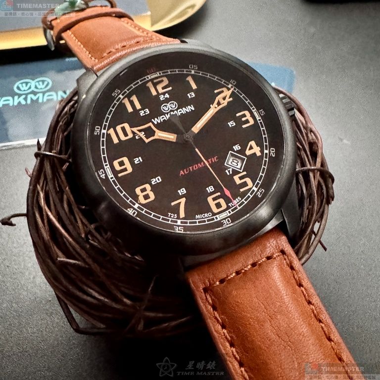 [星晴錶業]WAKMANN手錶,44mm,WA00038黑色錶面黑錶殼咖啡色真皮皮革錶帶款, , large