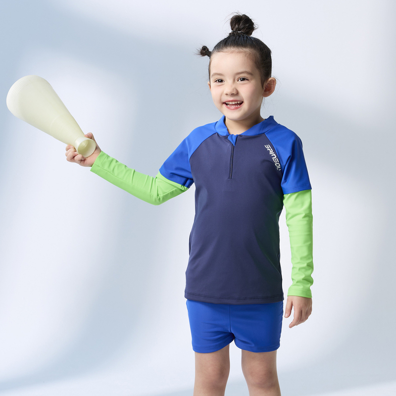 Monina Taiwan-made Long-sleeved, UV-protective two-piece swimsuit with blue fluorescent finish, suitable for both boys and girls., , large