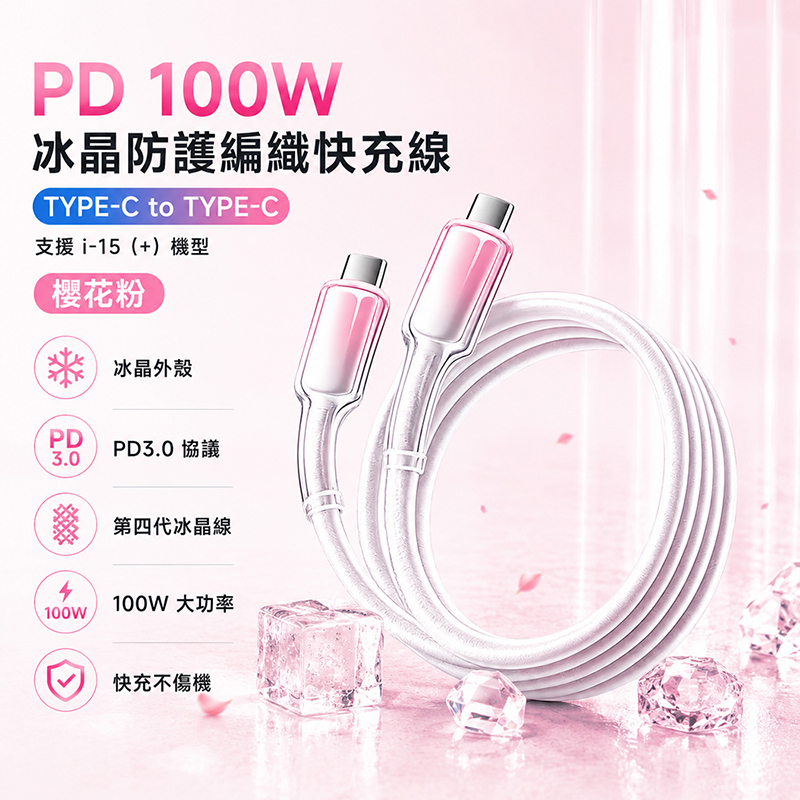 [翊承]【免運 + 贈品】PD 100W 冰晶防護編織快充線, , large