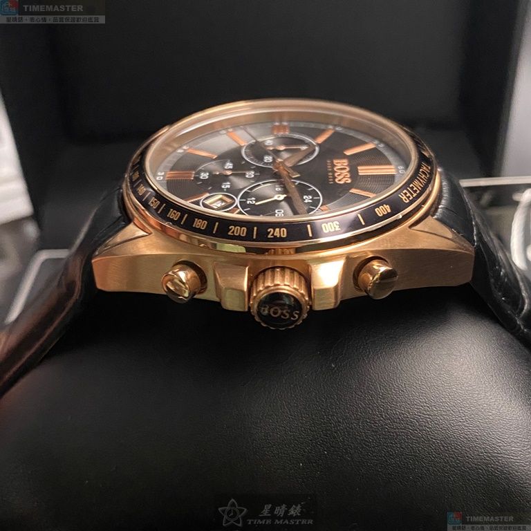 [星晴錶業]BOSS手錶,44mm,HB1513092黑色錶面玫瑰金錶殼深黑色真皮皮革錶帶款, , large